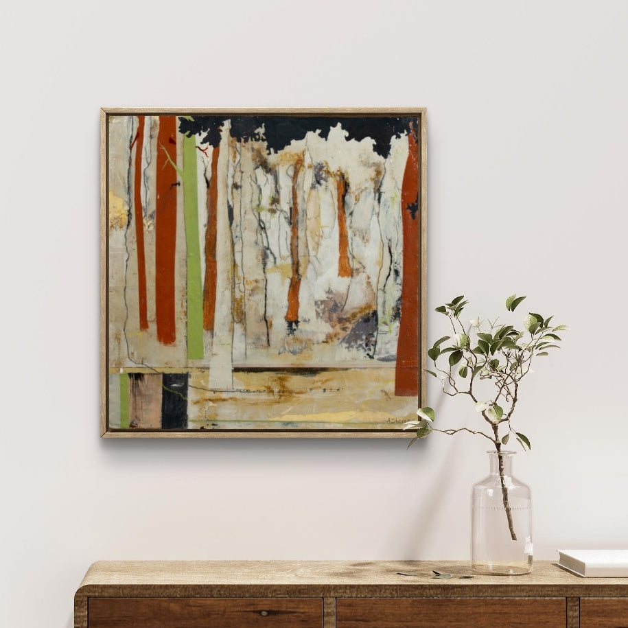 Modern abstract nature painting with layered colors.