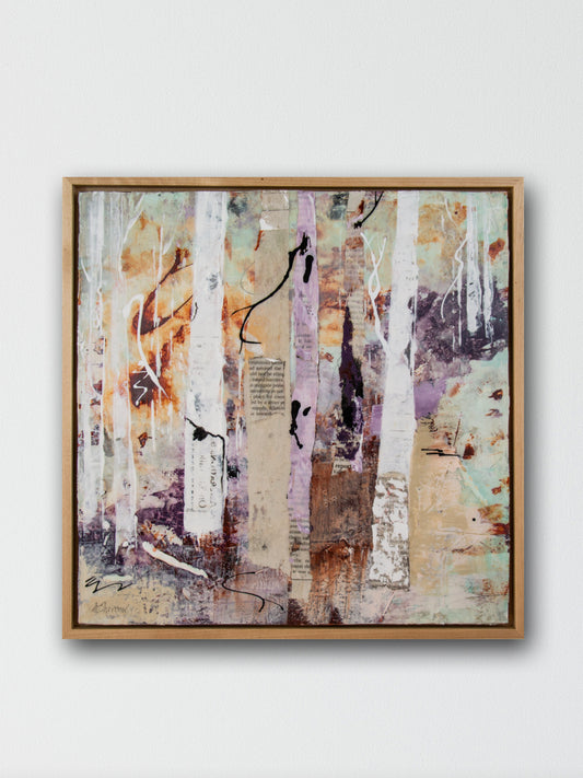 Abstract painting with warm sunset tones and forest-inspired textures.